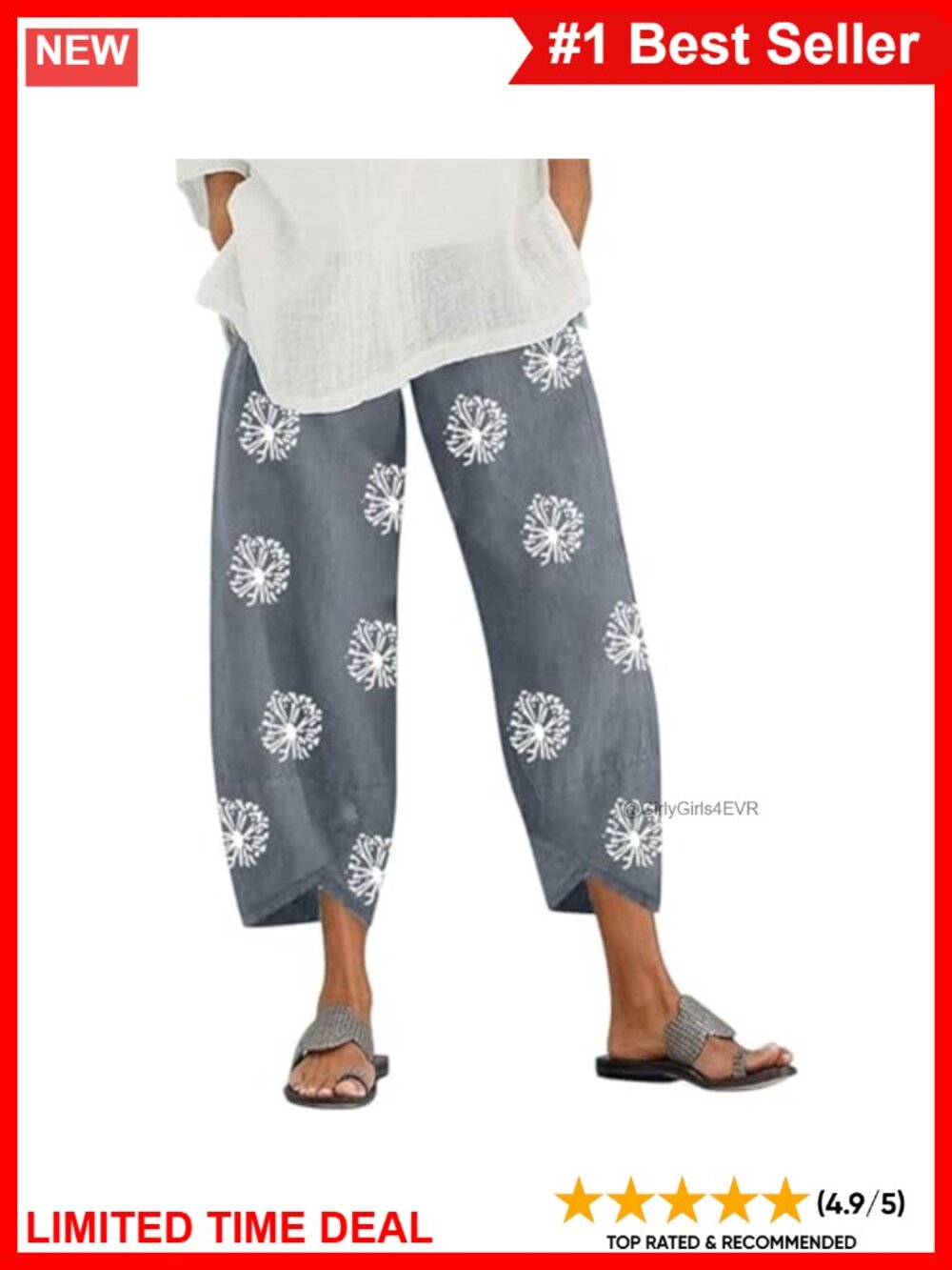 Cotton Linen Capri Pants High Waist Pull On Casual